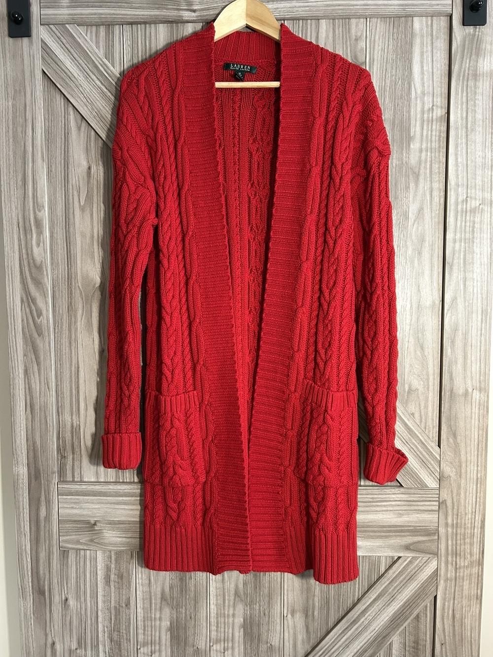 Lauren Ralph Lauren Red Long Duster Cardigan M Cozy Warm Cable Knit Sweater
